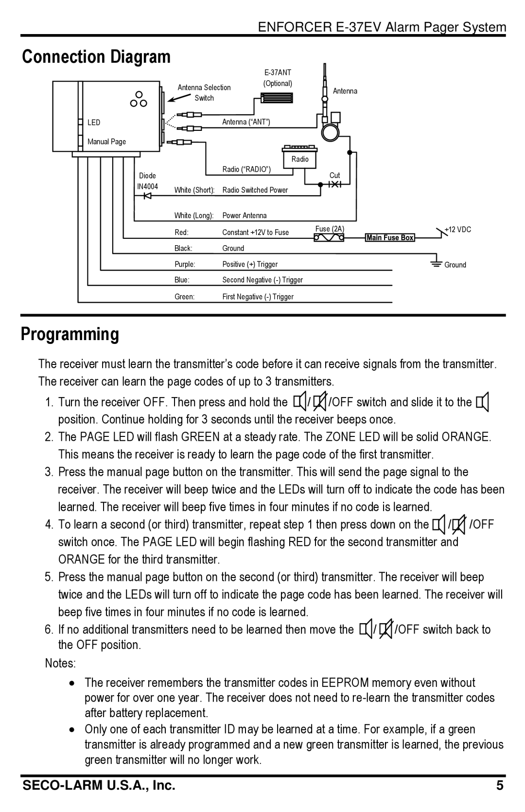 SECO-LARM USA E-37EV manual Connection Diagram, Programming 