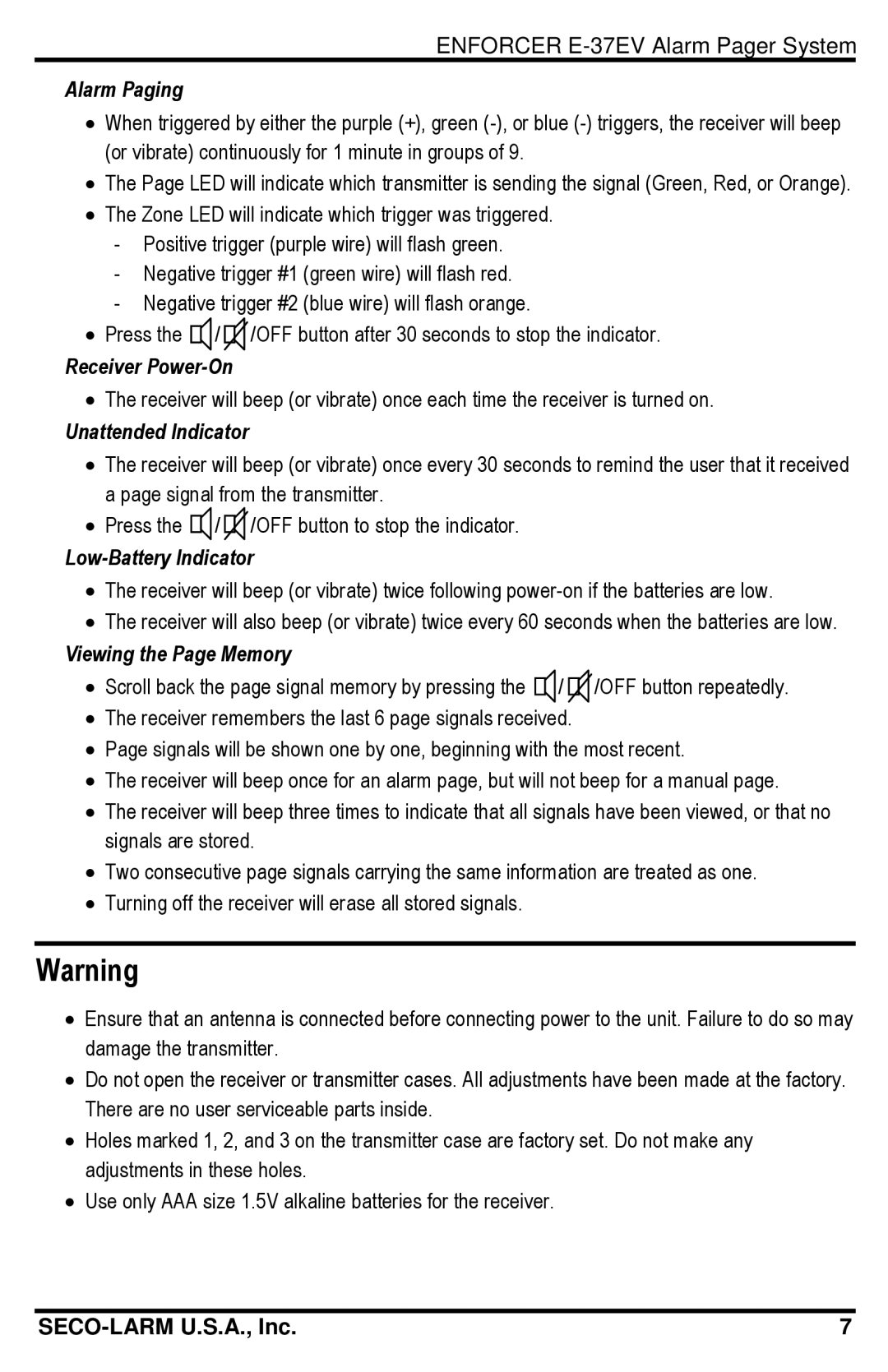 SECO-LARM USA E-37EV Alarm Paging, Receiver Power-On, Unattended Indicator, Low-Battery Indicator, Viewing the Page Memory 