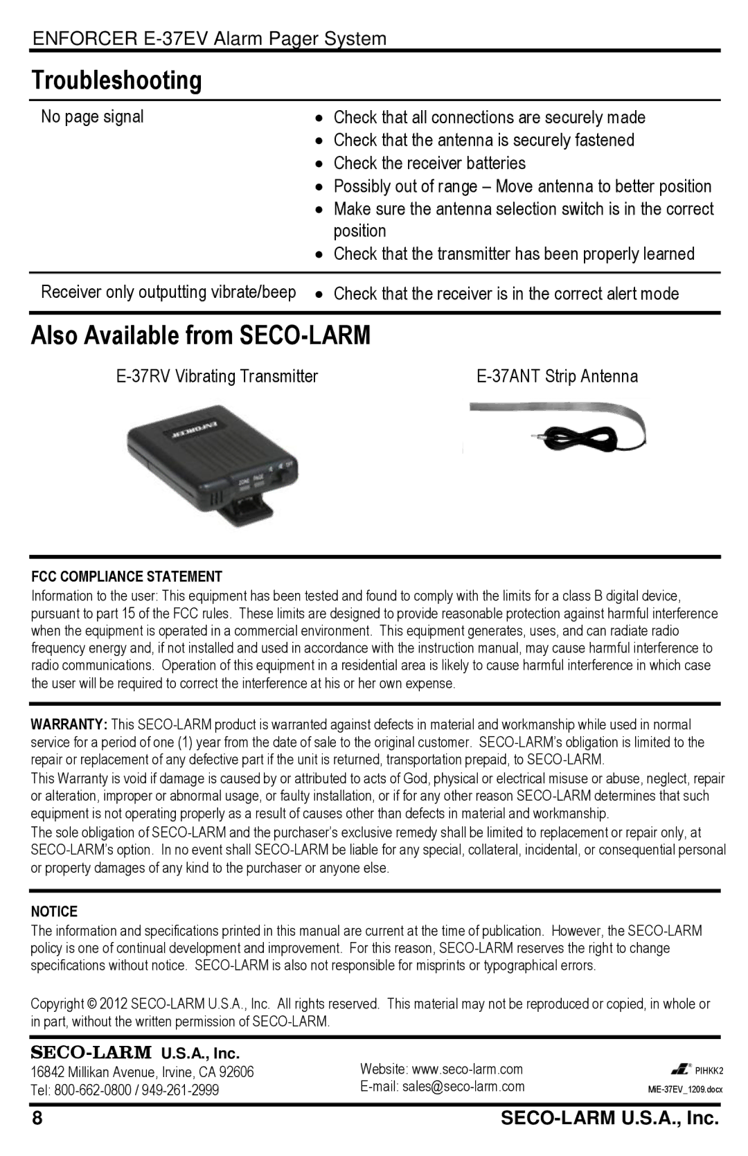 SECO-LARM USA E-37EV manual Troubleshooting, Also Available from SECO-LARM 