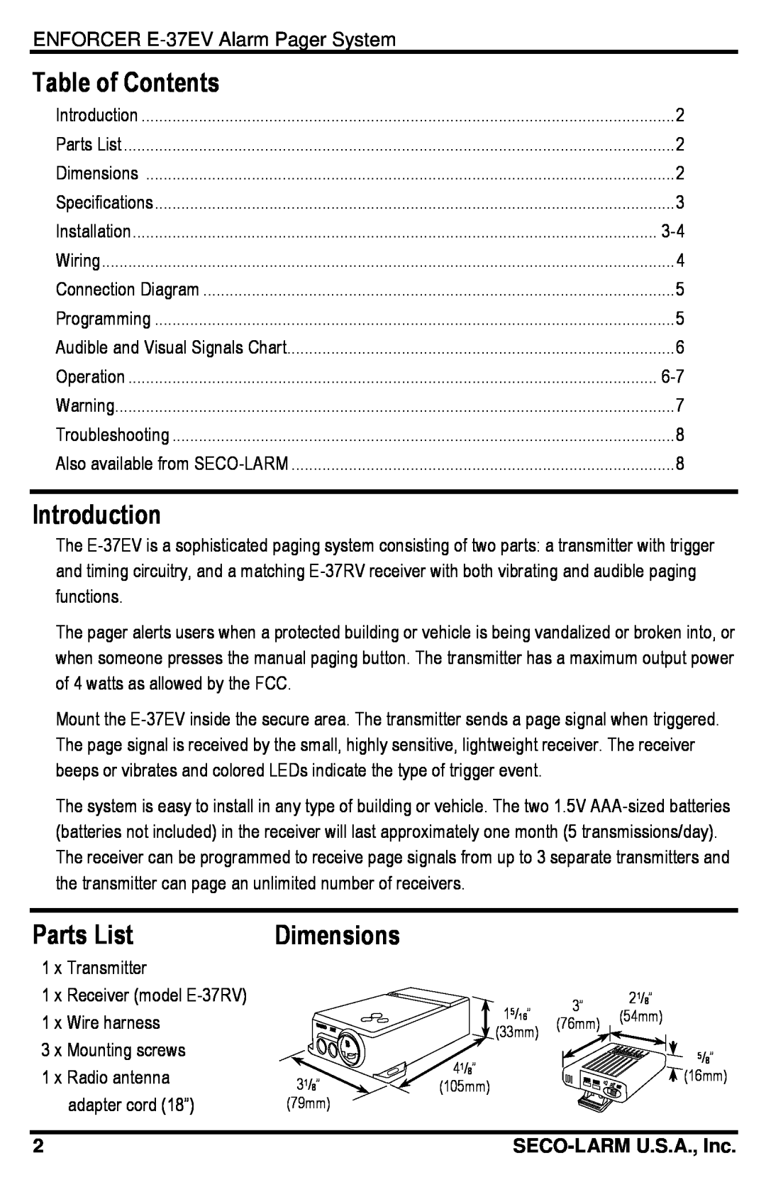 SECO-LARM USA E-37EV manual Table of Contents, Introduction, Parts List, Dimensions, SECO-LARMU.S.A., Inc 