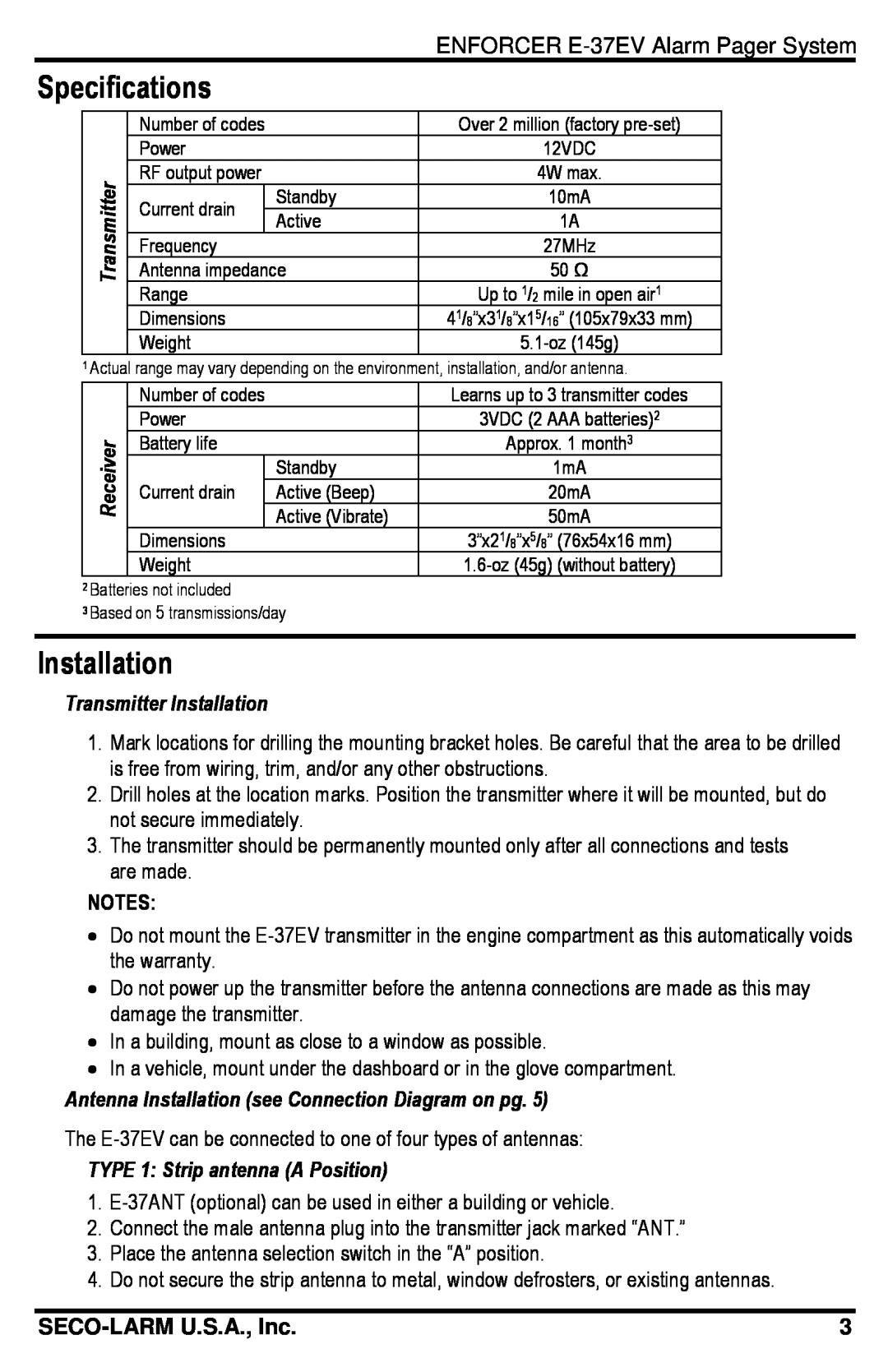 SECO-LARM USA E-37EV manual Specifications, Transmitter Installation, Notes, TYPE 1 Strip antenna A Position 