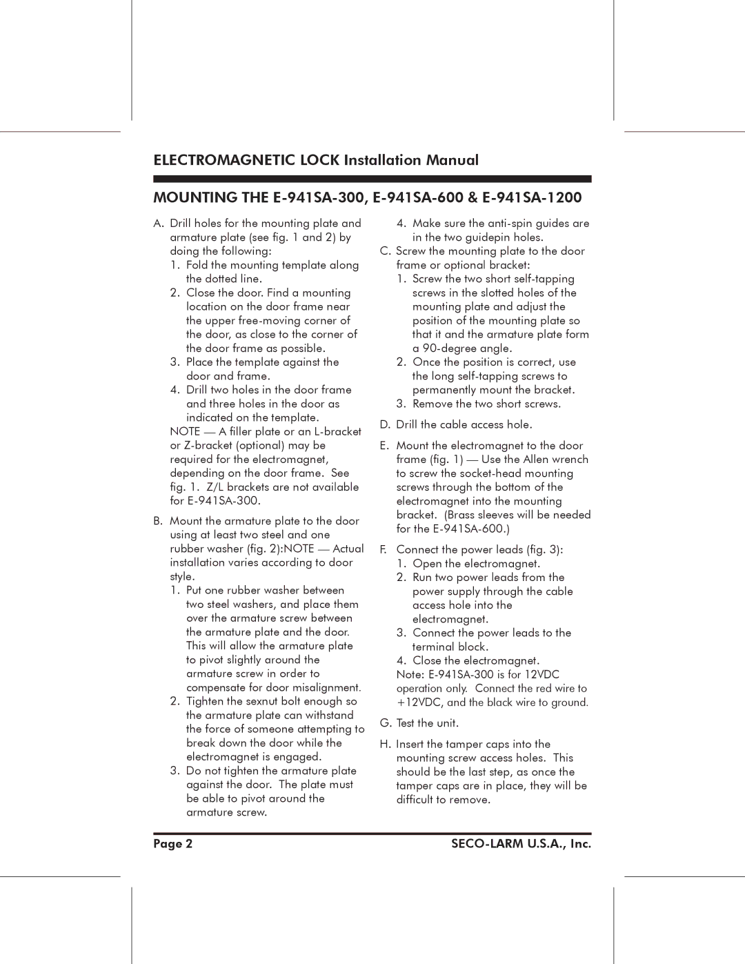 SECO-LARM USA E-941DA-1K2P, E-941SA-600, E-941SA-1200, E-941SA-300, E-941SA-1K2PD installation manual 