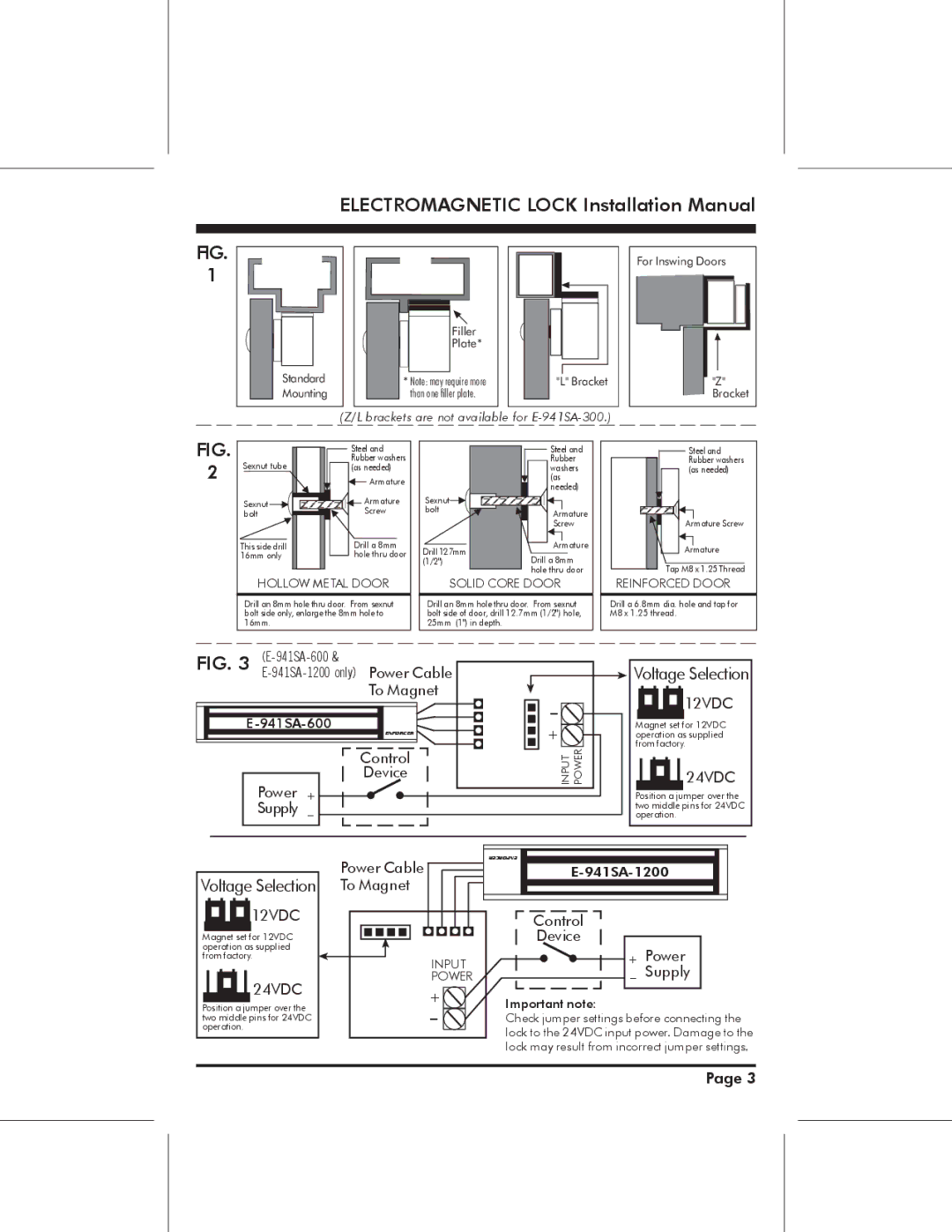 SECO-LARM USA E-941SA-300, E-941SA-600, E-941SA-1200 Electromagnetic Lock Installation Manual, Voltage Selection 