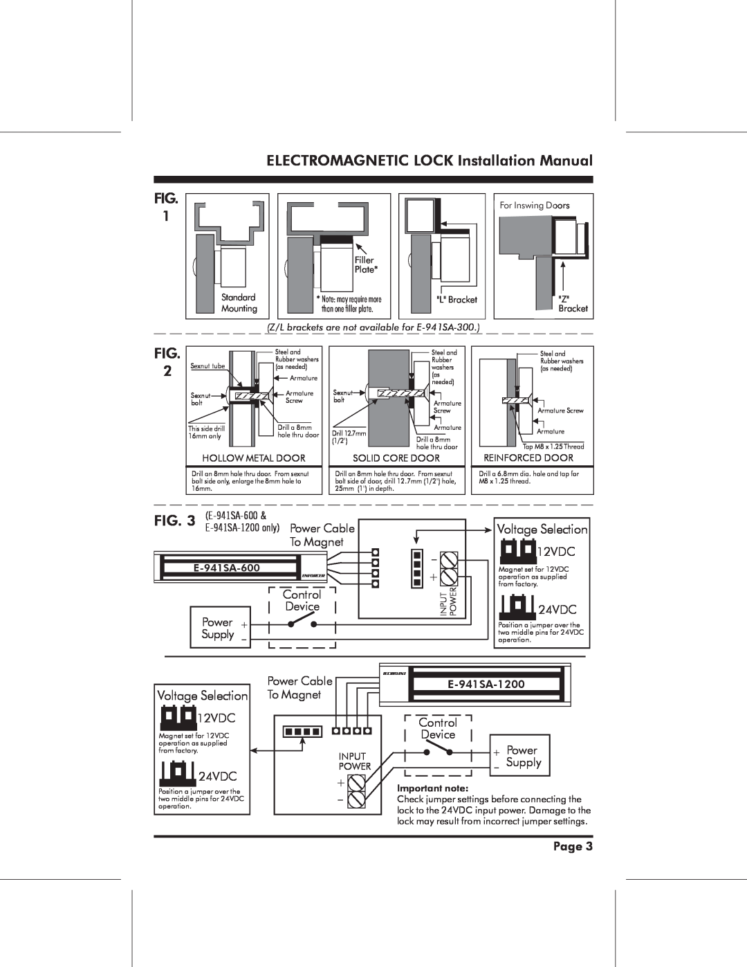 SECO-LARM USA E-941SA-300, E-941SA-600, E-941SA-1200 Voltage Selection, ELECTROMAGNETIC LOCK Installation Manual 