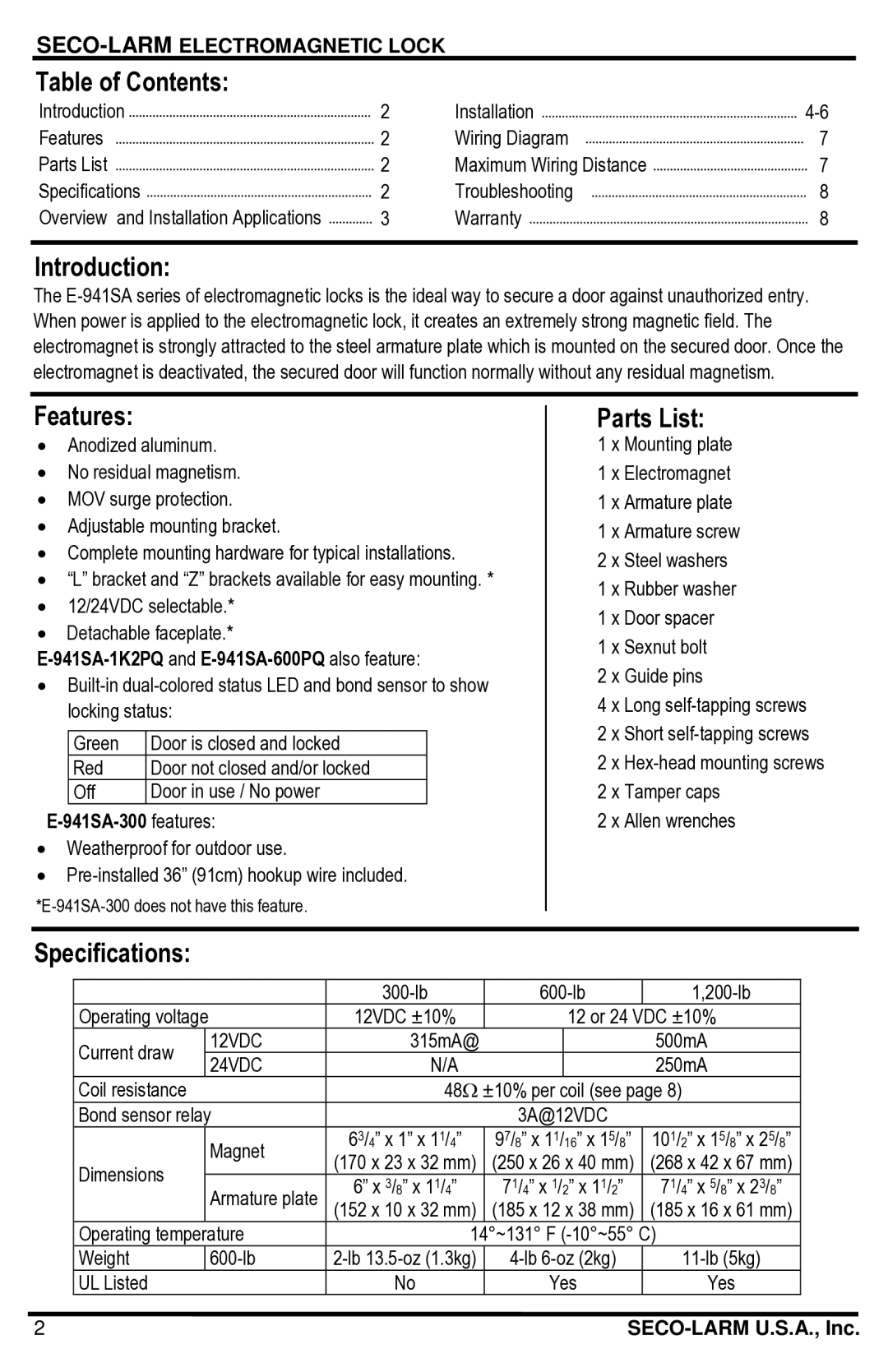 SECO-LARM USA E-941SA-600PQ, E-941SA-1K2PQ manual Table of Contents, Introduction, Features, Parts List, Specifications 