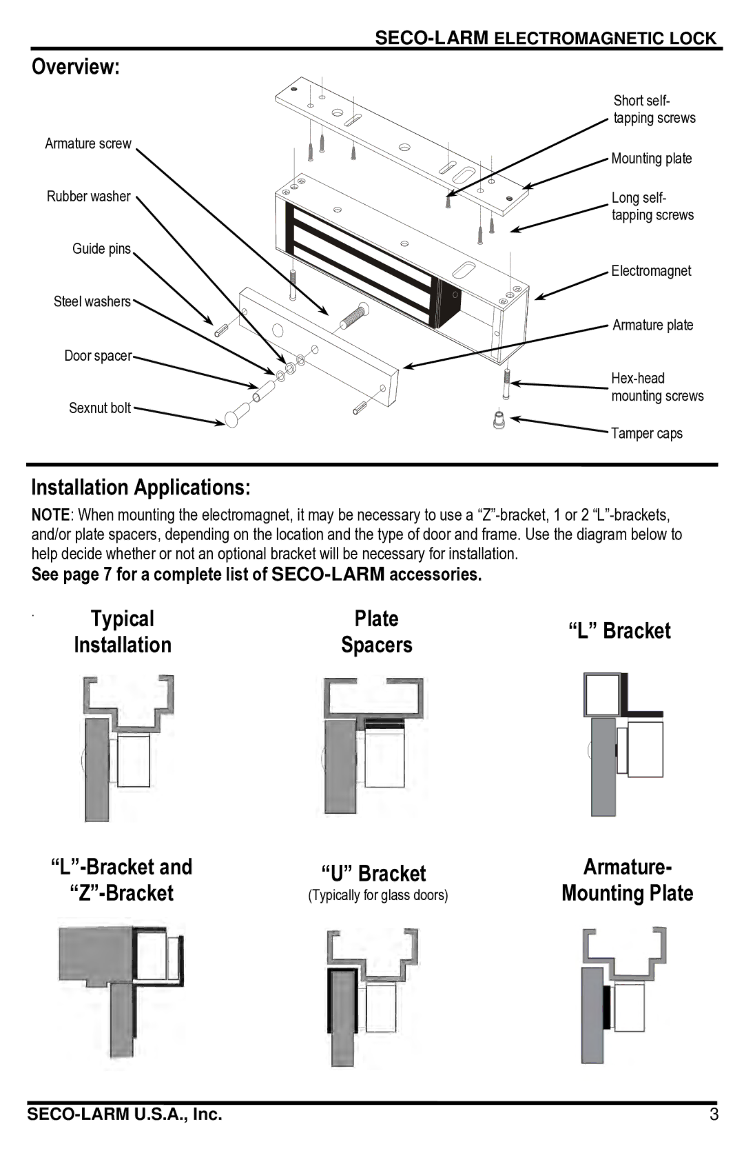 SECO-LARM USA E-941SA-1K2PQ Overview, Installation Applications, See page 7 for a complete list of SECO-LARMaccessories 