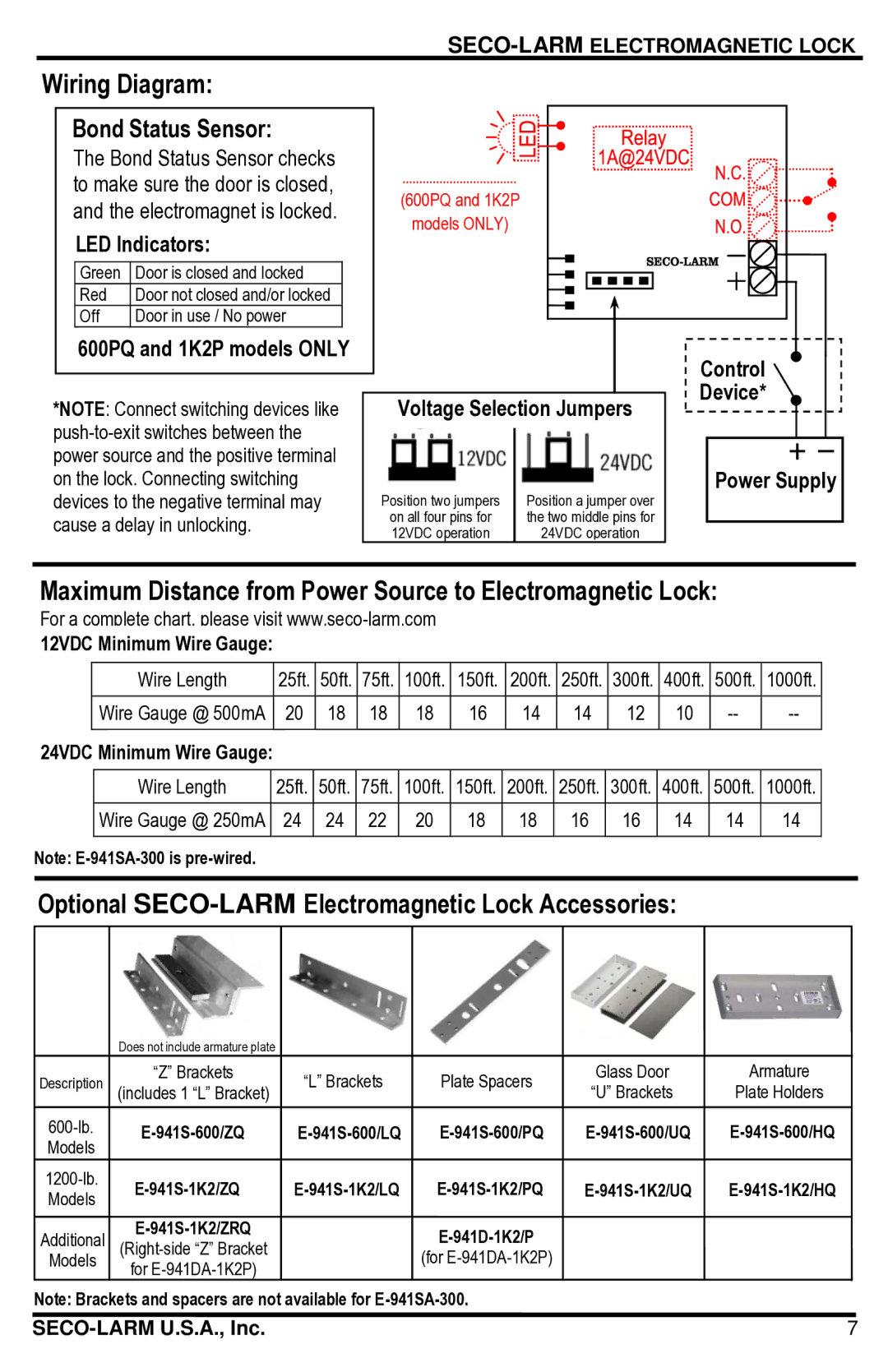 SECO-LARM USA E-941SA-1K2PQ, E-941SA-600PQ manual Wiring Diagram, Maximum Distance from Power Source to Electromagnetic Lock 