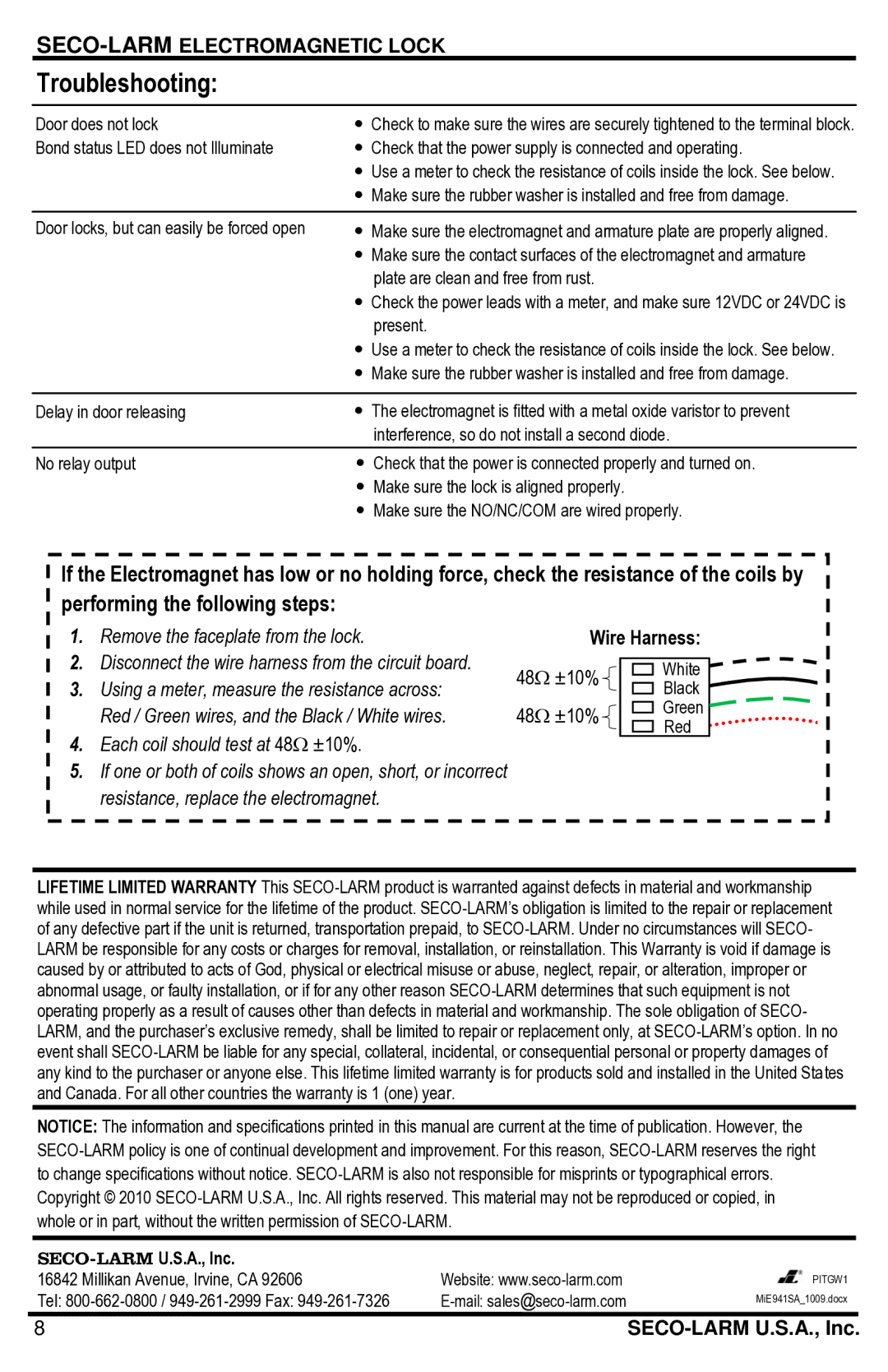 SECO-LARM USA E-941SA-600PQ, E-941SA-1K2PQ manual Troubleshooting, Wire Harness, SECO-LARMU.S.A., Inc 