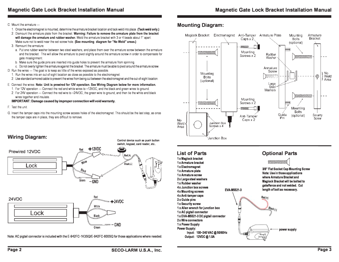SECO-LARM USA E-942FC-600SQ installation manual Wiring Diagram, List of Parts, Optional Parts, Prewired 12VDC 24VDC, Page 