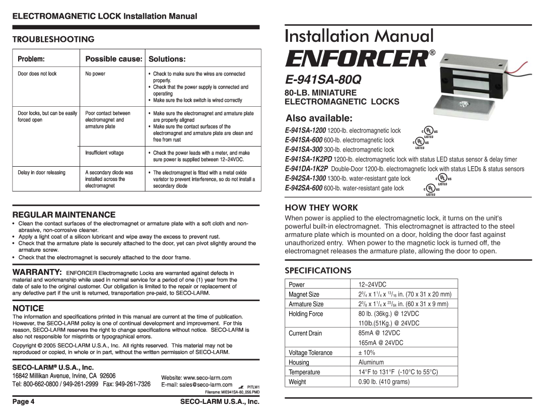 SECO-LARM USA E-942SA-600 specifications ELECTROMAGNETIC LOCK Installation Manual, Troubleshooting, Regular Maintenance 