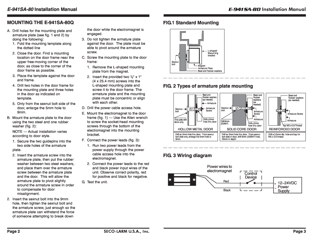 SECO-LARM USA E-941SA-80 Installation Manual, MOUNTING THE E-941SA-80Q, Standard Mounting, Wiring diagram, Page 
