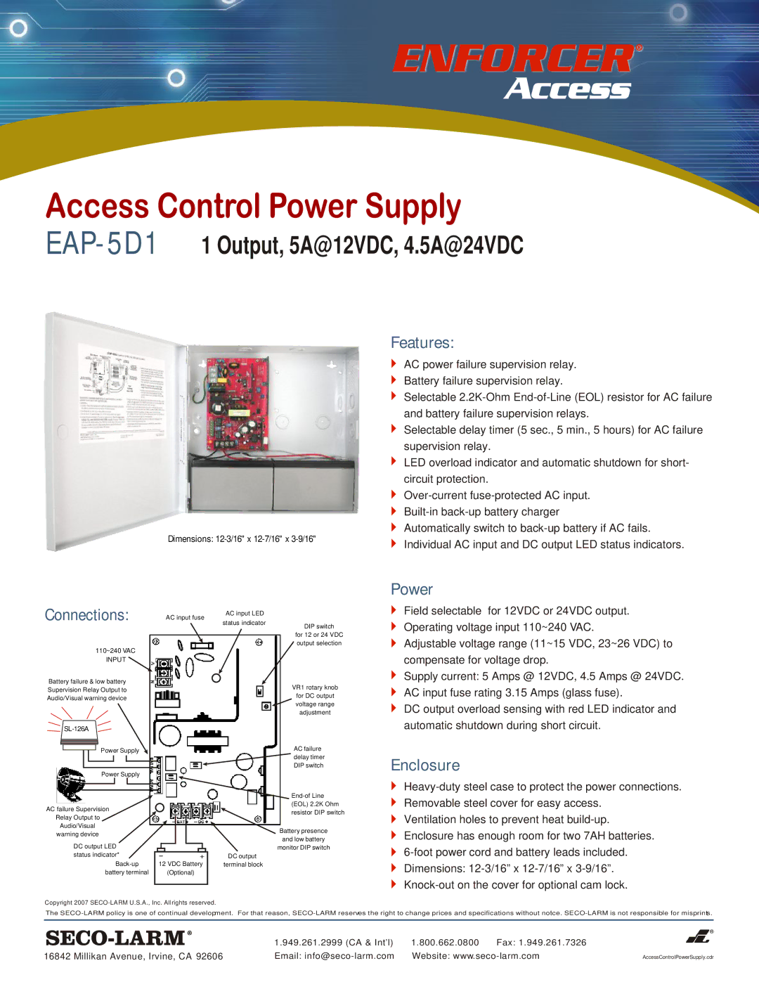 SECO-LARM USA dimensions EAP-5D11 Output, 5A@12VDC, 4.5A@24VDC, Features, Power Connections, Enclosure, Input 