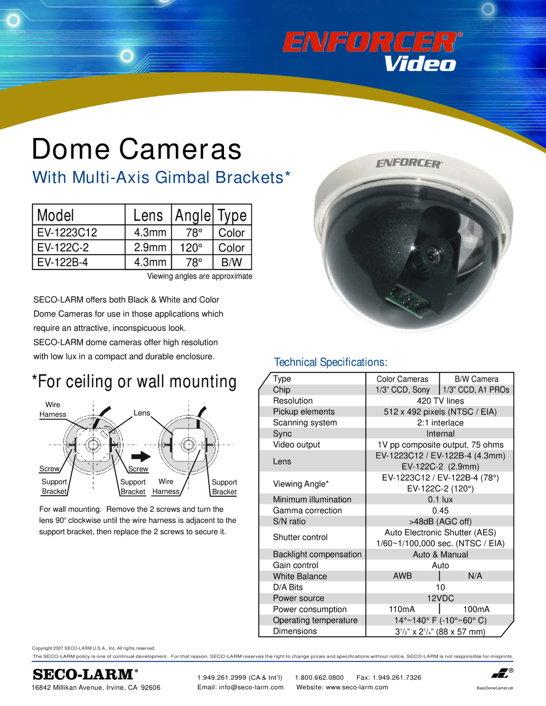 SECO-LARM USA EV-122B-4, EV-1223C12 technical specifications Dome Cameras, With Multi-Axis Gimbal Brackets, Model, Lens 