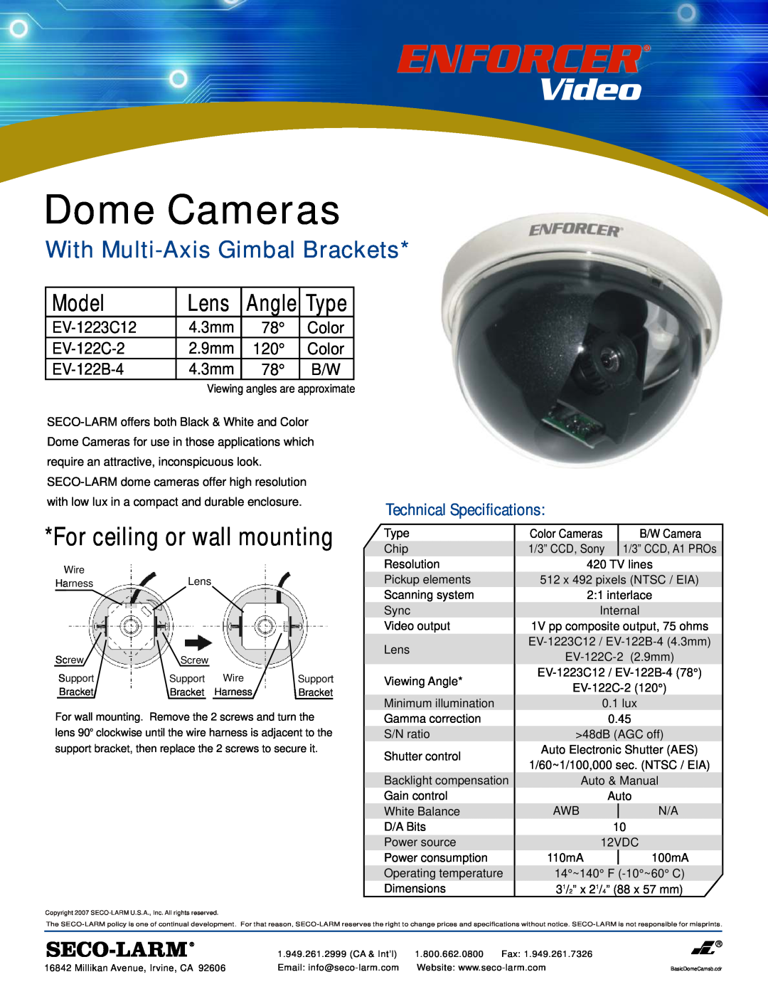 SECO-LARM USA EV-122B-4 technical specifications Dome Cameras, For ceiling or wall mounting, Model, Lens, Type, Angle 