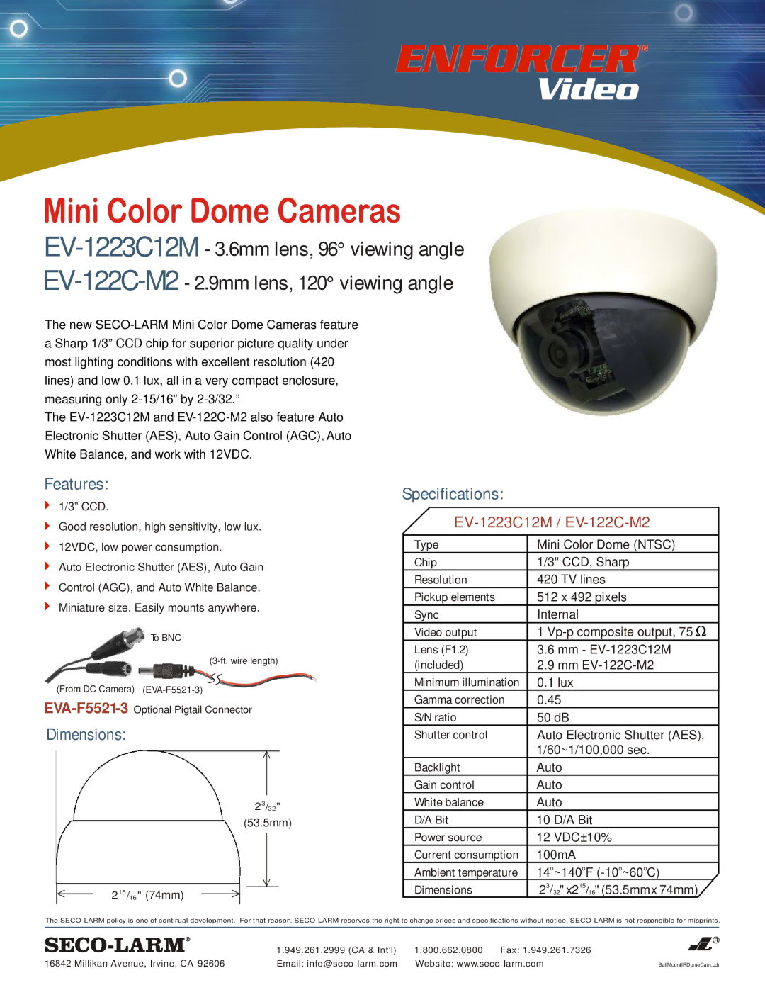 SECO-LARM USA dimensions Features, Dimensions, Specifications, EV-1223C12M / EV-122C-M2 