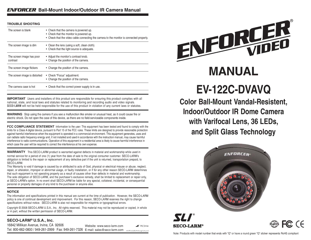 SECO-LARM USA EV-122C-DVAVQ instruction manual Enforcer Ball-Mount Indoor/Outdoor IR Camera Manual, Trouble Shooting 