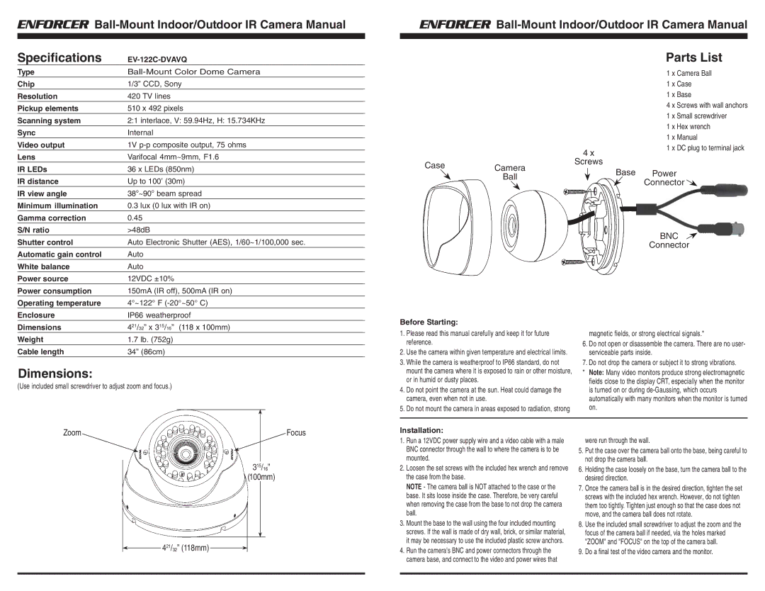 SECO-LARM USA EV-122C-DVAVQ instruction manual Specifications, Parts List, Dimensions 