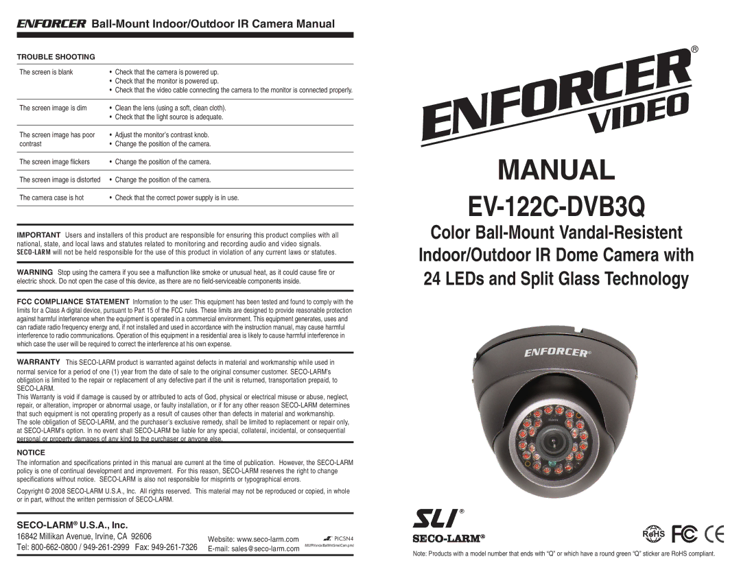 SECO-LARM USA EV-122C-DVB3Q instruction manual Enforcer Ball-Mount Indoor/Outdoor IR Camera Manual, Trouble Shooting 