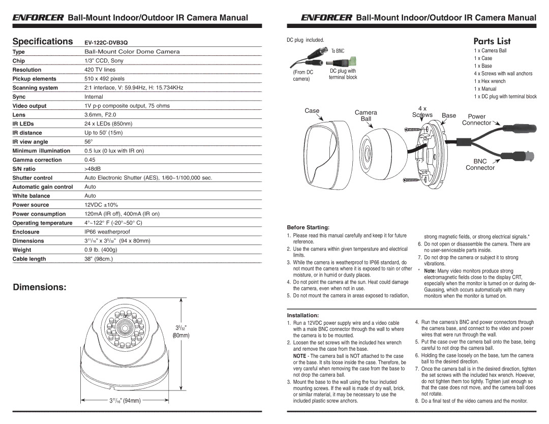 SECO-LARM USA EV-122C-DVB3Q instruction manual Specifications, Dimensions 