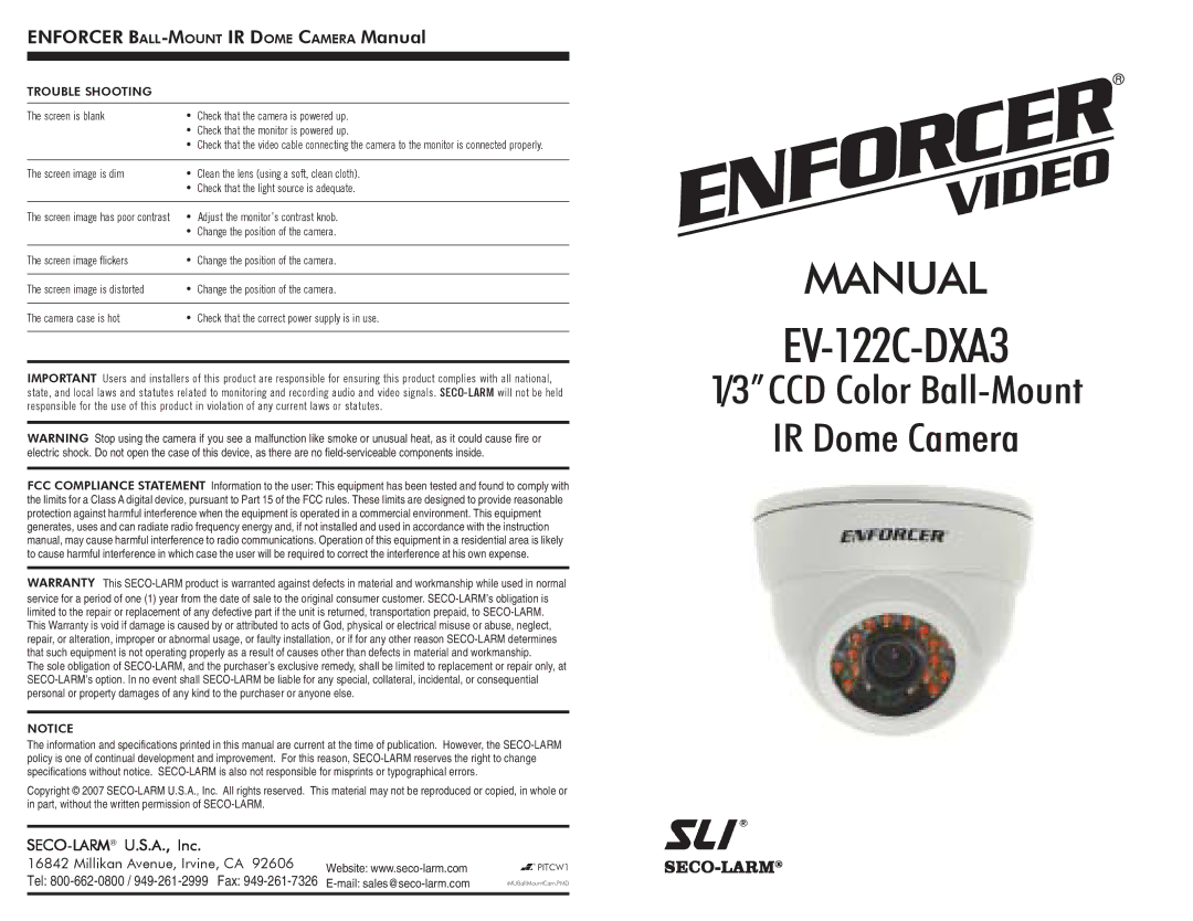 SECO-LARM USA EV-122C-DXA3 instruction manual Enforcer BALL-MOUNTIR Dome Camera Manual, Trouble Shooting 