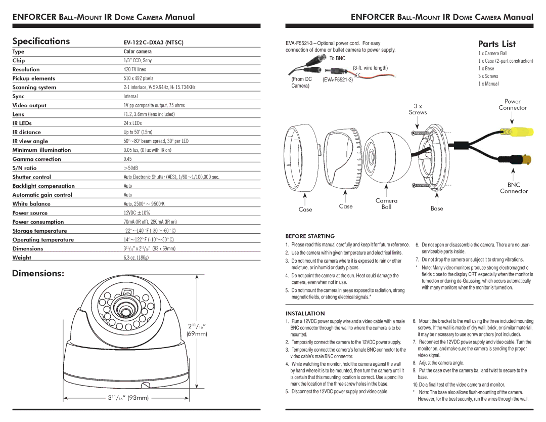 SECO-LARM USA EV-122C-DXA3 instruction manual Specifications, Parts List, Dimensions 