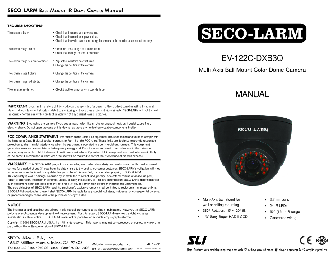 SECO-LARM USA EV-122C-DXB3Q instruction manual SECO-LARM BALL-MOUNTIR Dome Camera Manual, Trouble Shooting 