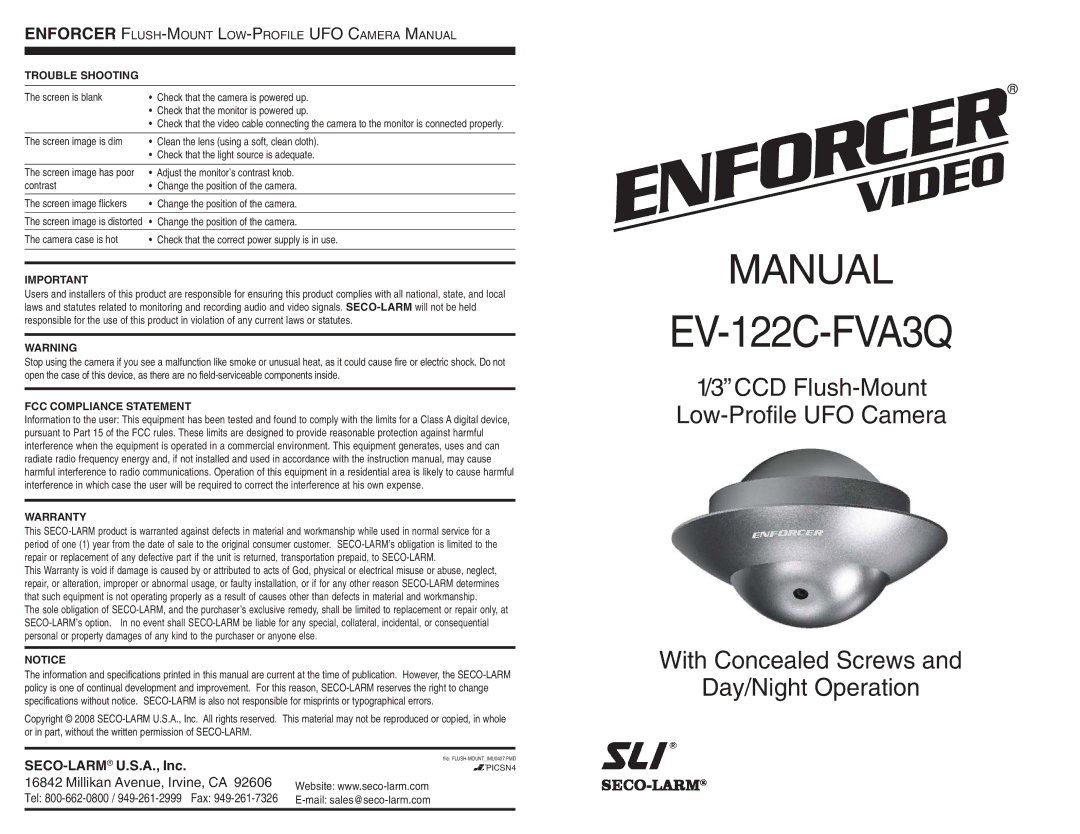 SECO-LARM USA EV-122C-FVA3Q instruction manual SECO-LARMU.S.A., Inc, Trouble Shooting, Adjust the monitor’s contrast knob 