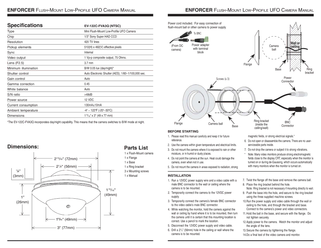 SECO-LARM USA EV-122C-FVA3Q instruction manual Specifications, Dimensions Parts List, Wall or, Ceiling 