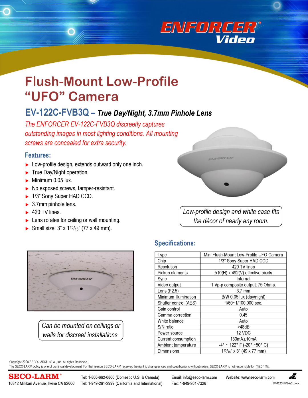 SECO-LARM USA EV-122C-FVB3Q specifications Flush-Mount Low-Profile UFO Camera, Features, Specifications 