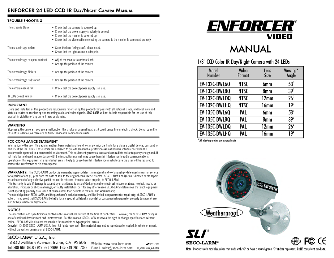 SECO-LARM USA EV-132C-DLW8Q, EV-132C-DWL6Q, EV-132C-DLWDQ instruction manual Trouble Shooting, FCC Compliance Statement 