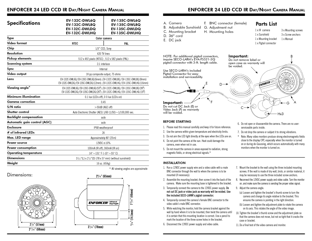 SECO-LARM USA EV-132C-DLWDQ, EV-132C-DWL6Q, EV-132C-DLW8Q, EV-132C-DLWHQ, EV-132C-DLW6Q Before Starting, Installation 