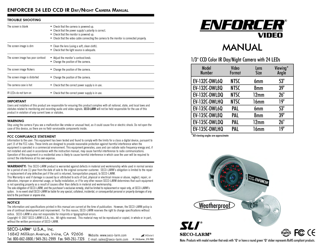 SECO-LARM USA EV-132C-DLW8Q instruction manual ENFORCER 24 LED CCD IR DAY/NIGHT CAMERA MANUAL, Model, Video, Lens, Number 