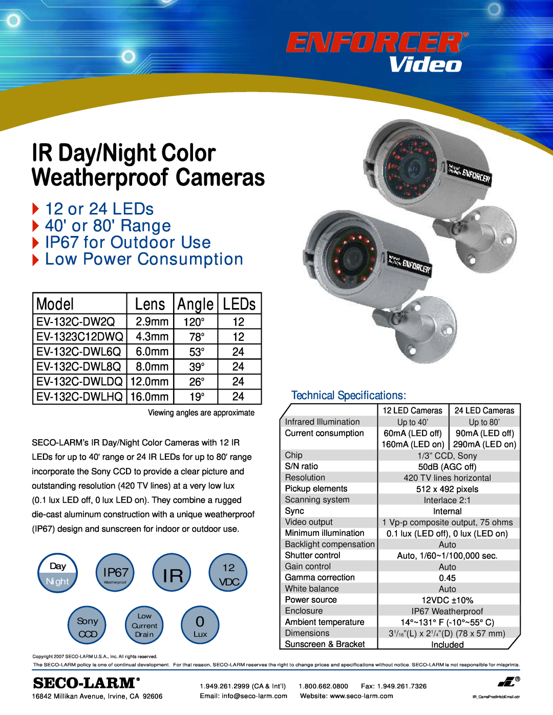 SECO-LARM USA EV-132C-DWLHQ technical specifications 12 or 24 LEDs 40 or 80 Range IP67 for Outdoor Use, Model, Lens, Angle 