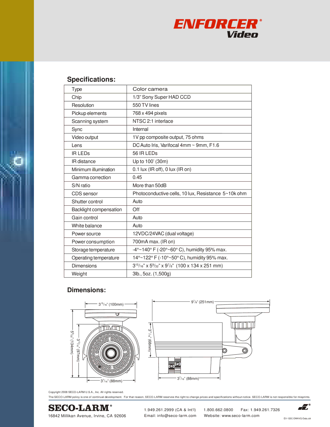 SECO-LARM USA EV-133C-DWAVQ, Elite Series specifications Specifications, Dimensions 