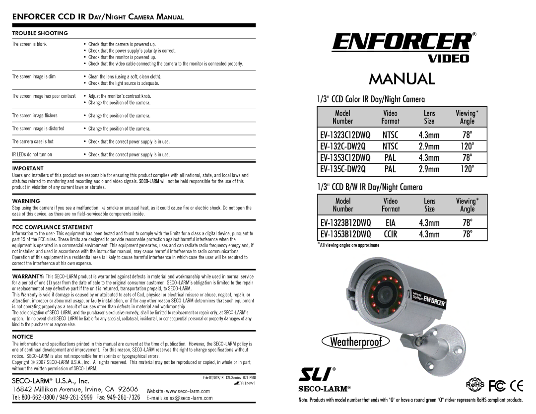 SECO-LARM USA EV-1353B12DWQ, EV-1353C12DWQ instruction manual CCD B/W IR Day/Night Camera, Mail sales@seco-larm.com 