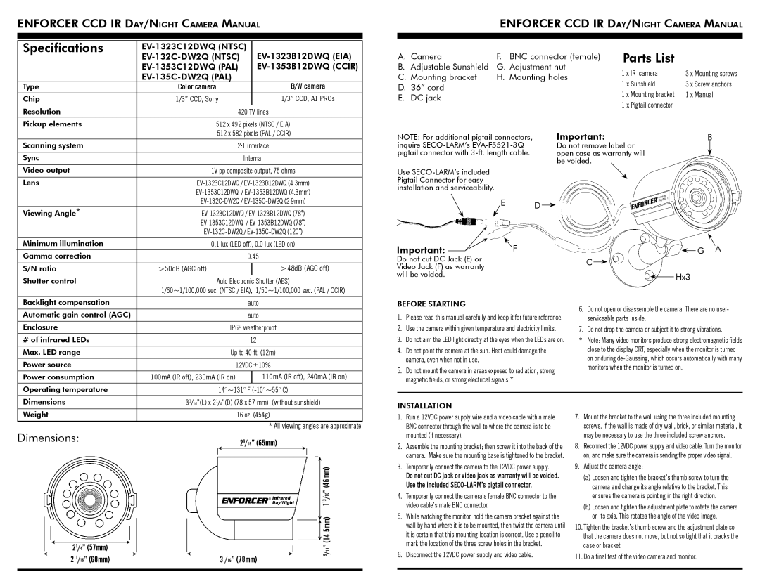 SECO-LARM USA EV-1323C12DWQ, EV-1353C12DWQ, EV-1353B12DWQ, EV-132C-DW2Q, EV-1323B12DWQ Specifications, Parts List 