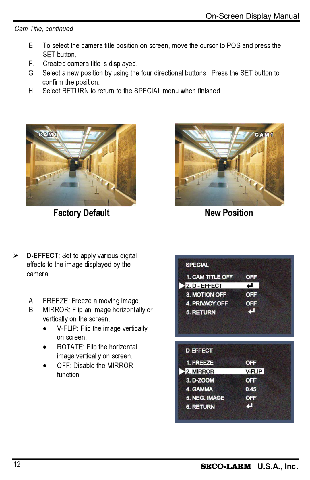 SECO-LARM USA EV-1626-NWGQ 6~50mm, EV-1626-NKGQ 2.8~12mm manual Factory Default New Position 