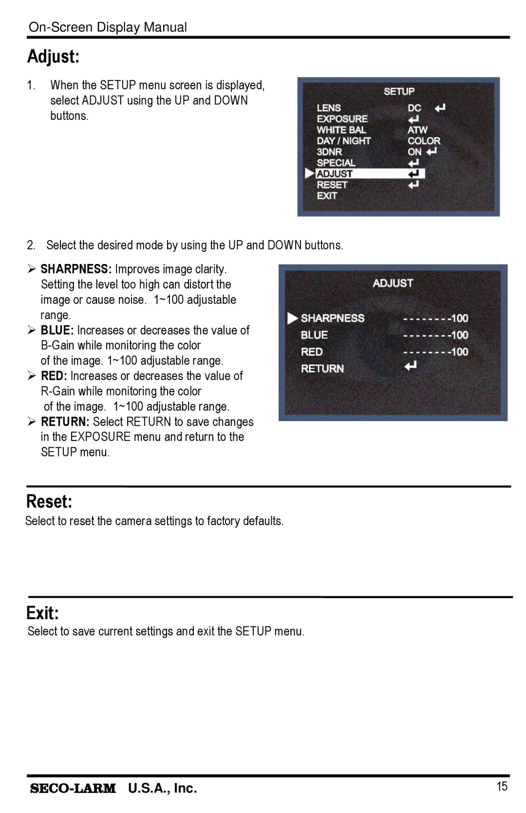 SECO-LARM USA EV-1626-NKGQ 2.8~12mm, EV-1626-NWGQ 6~50mm manual Adjust, Reset, Exit 