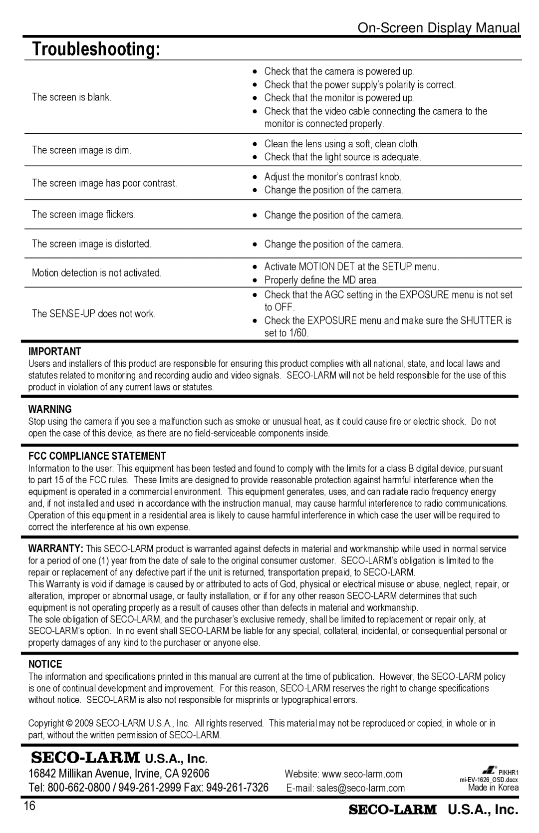 SECO-LARM USA EV-1626-NWGQ 6~50mm, EV-1626-NKGQ 2.8~12mm manual Troubleshooting, Set to 1/60 