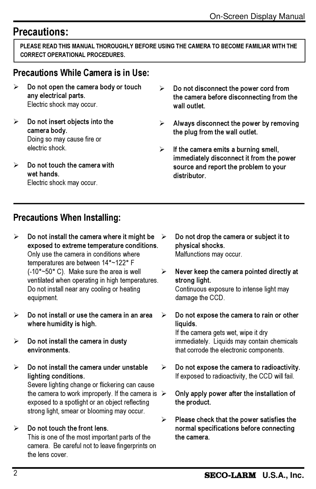 SECO-LARM USA EV-1626-NWGQ 6~50mm, EV-1626-NKGQ 2.8~12mm manual Precautions While Camera is in Use 