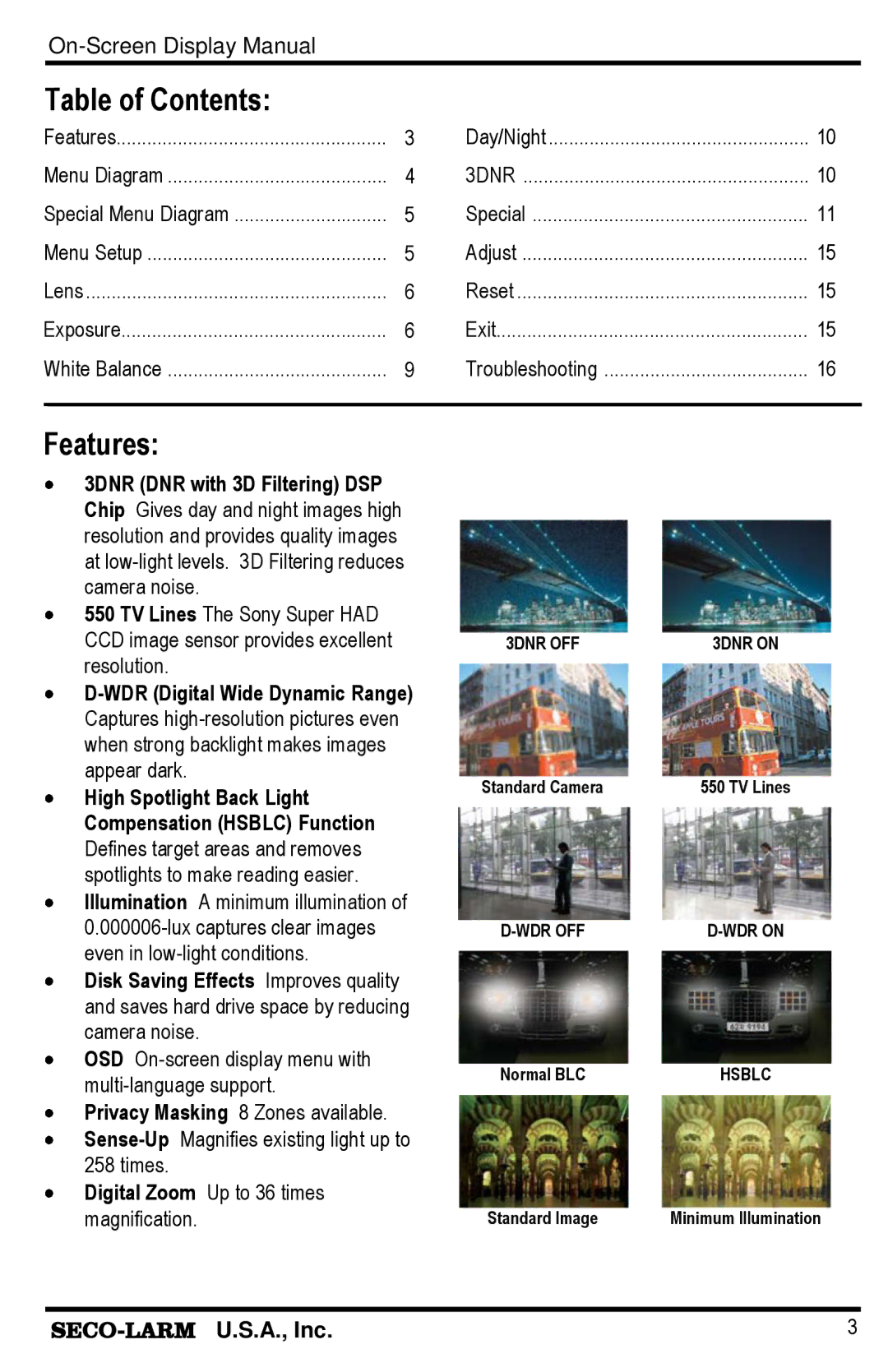 SECO-LARM USA EV-1626-NKGQ 2.8~12mm, EV-1626-NWGQ 6~50mm manual Table of Contents, Features 