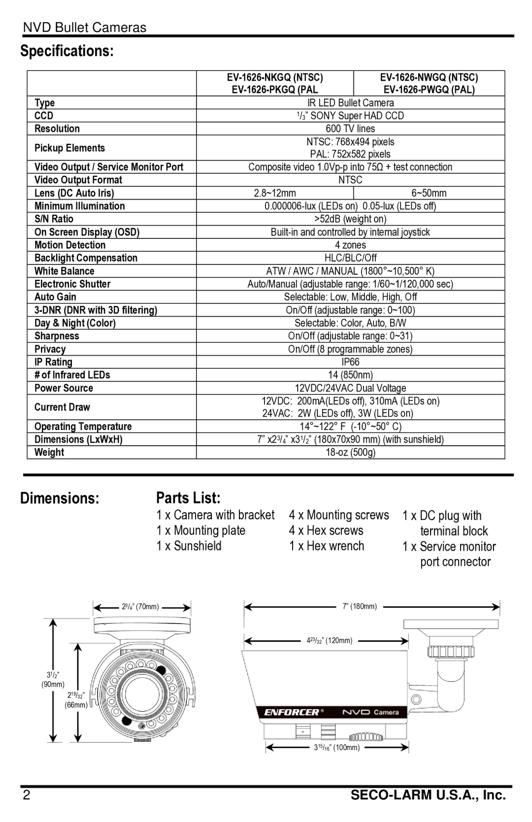 SECO-LARM USA EV-1626-PKGQ, EV-1626-PWGQ, EV-1626-NWGQ, EV-1626-NKGQ Specifications, Dimensions Parts List, Ccd 