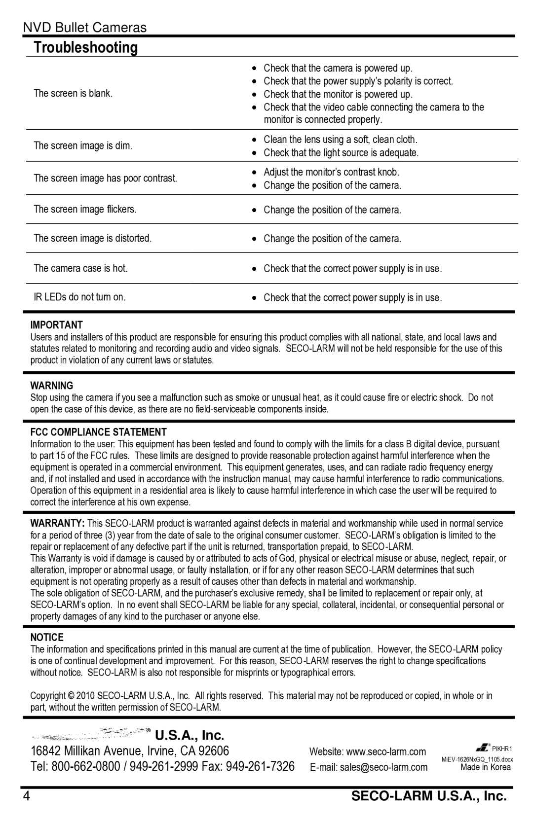 SECO-LARM USA EV-1626-PWGQ, EV-1626-NWGQ, EV-1626-PKGQ, EV-1626-NKGQ Troubleshooting, FCC Compliance Statement 