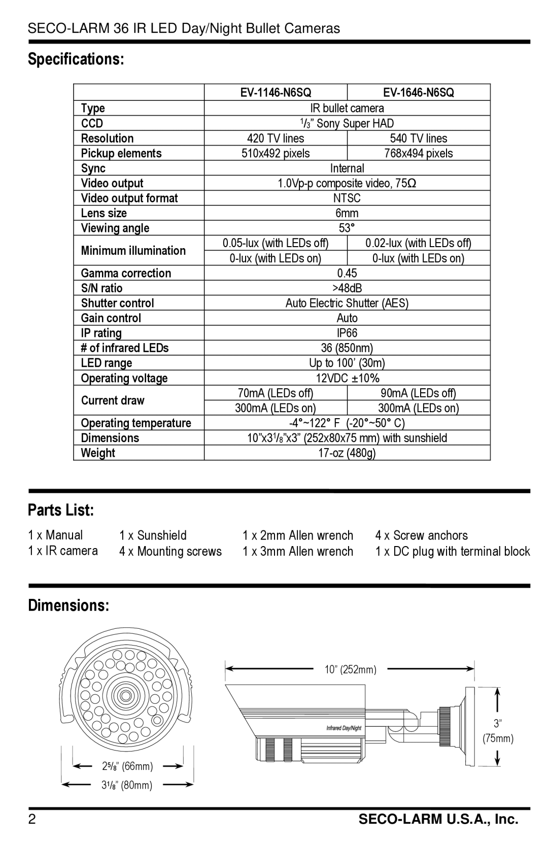 SECO-LARM USA EV-1646-N6SQ, EV-1146-N6SQ manual Specifications, Parts List, Dimensions 