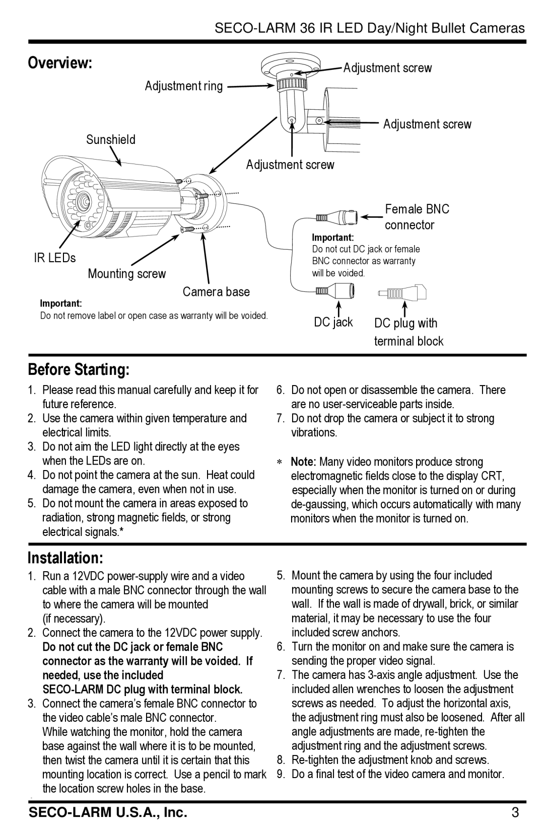 SECO-LARM USA EV-1146-N6SQ, EV-1646-N6SQ manual Overview, Before Starting, Installation 