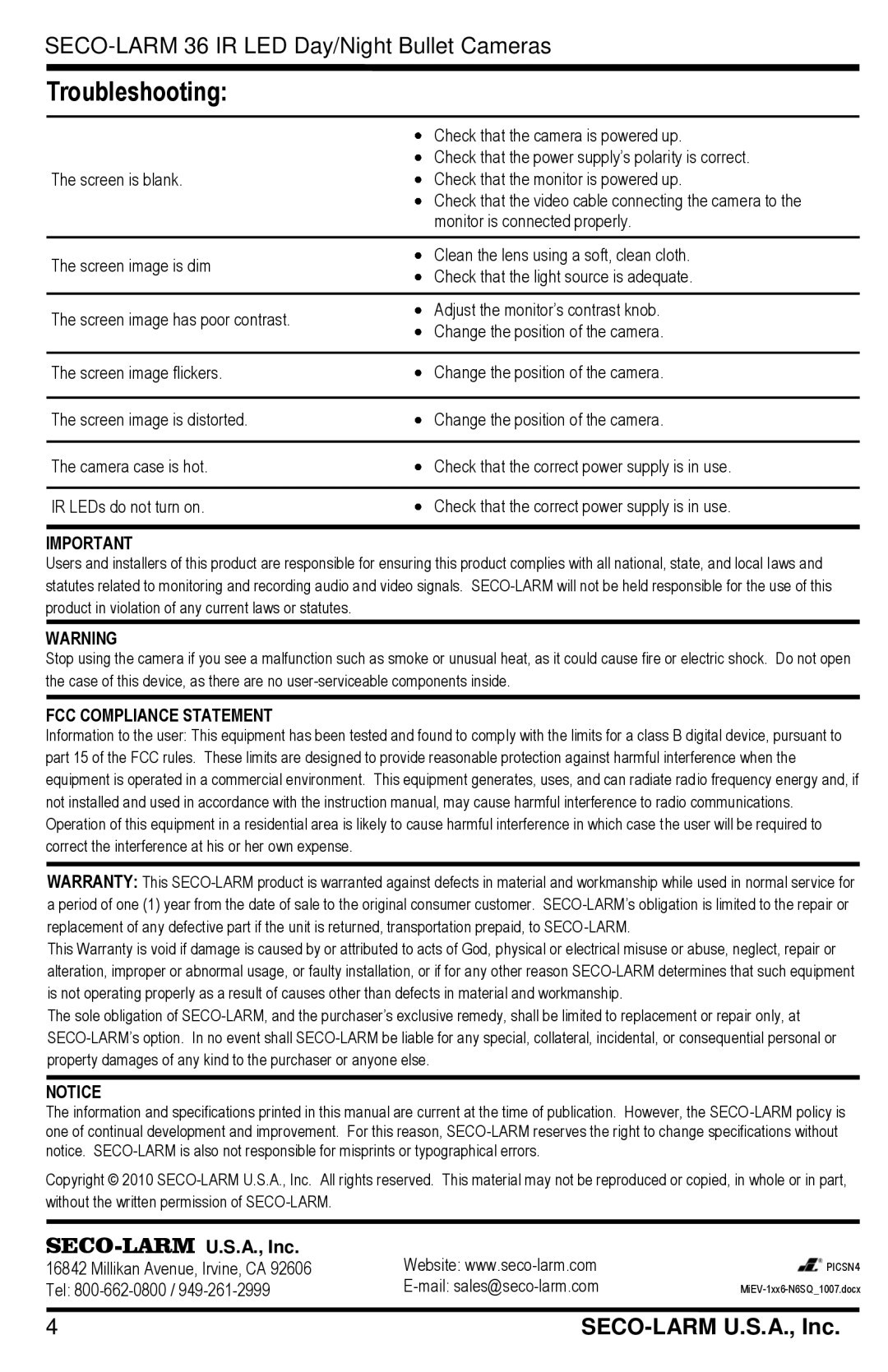 SECO-LARM USA EV-1646-N6SQ, EV-1146-N6SQ manual Troubleshooting, FCC Compliance Statement 