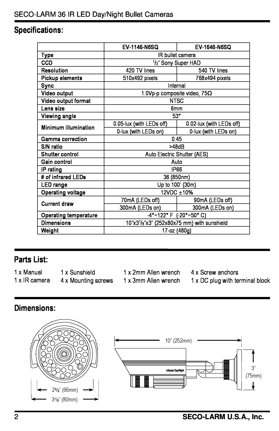 SECO-LARM USA EV-1646-N6SQ, EV-1146-N6SQ manual Specifications, Parts List, Dimensions, SECO-LARM U.S.A., Inc 