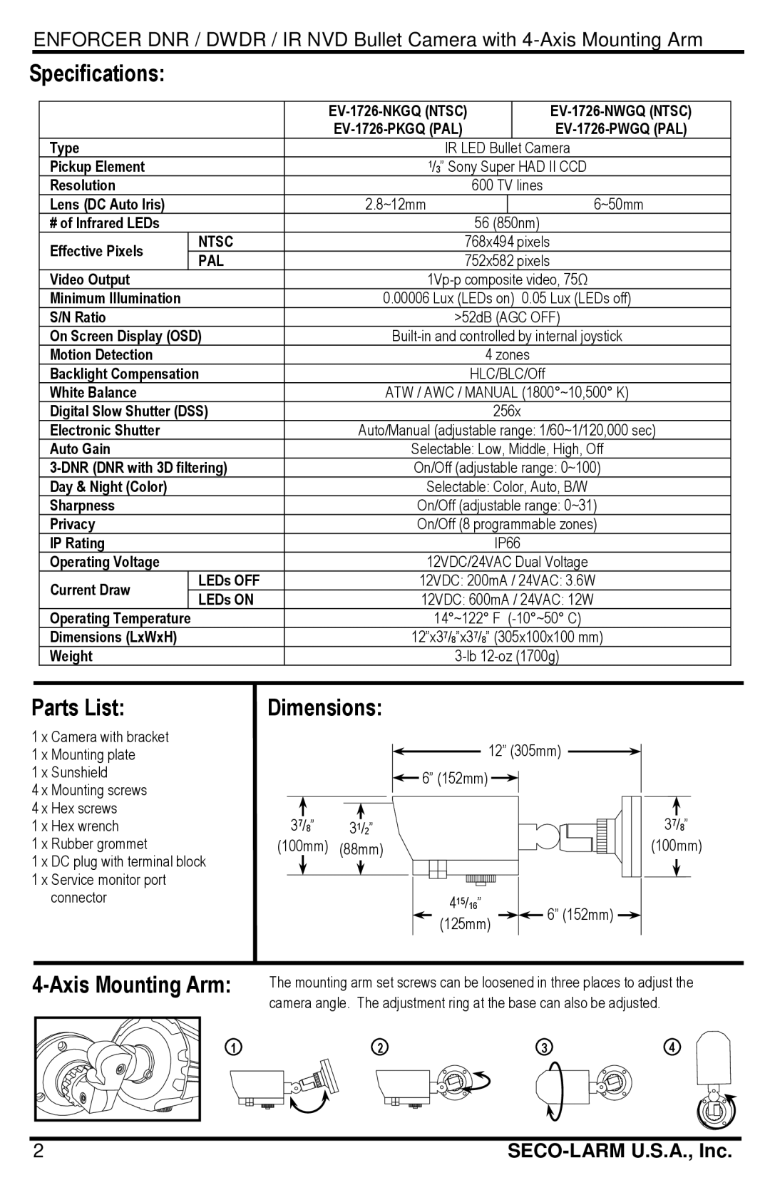 SECO-LARM USA EV-1726-NWGQ, EV-1726-PKGQ, EV-1726-PWGQ Specifications, Parts List, Dimensions, Axis Mounting Arm 