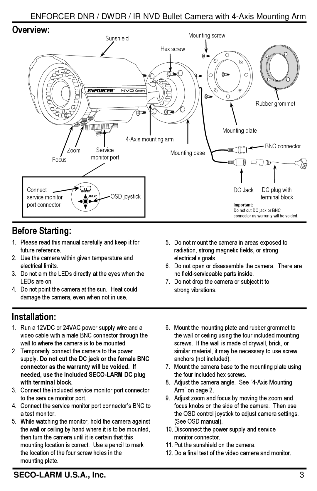 SECO-LARM USA EV-1726-NKGQ, EV-1726-PKGQ, EV-1726-PWGQ, EV-1726-NWGQ Overview, Before Starting, Installation 