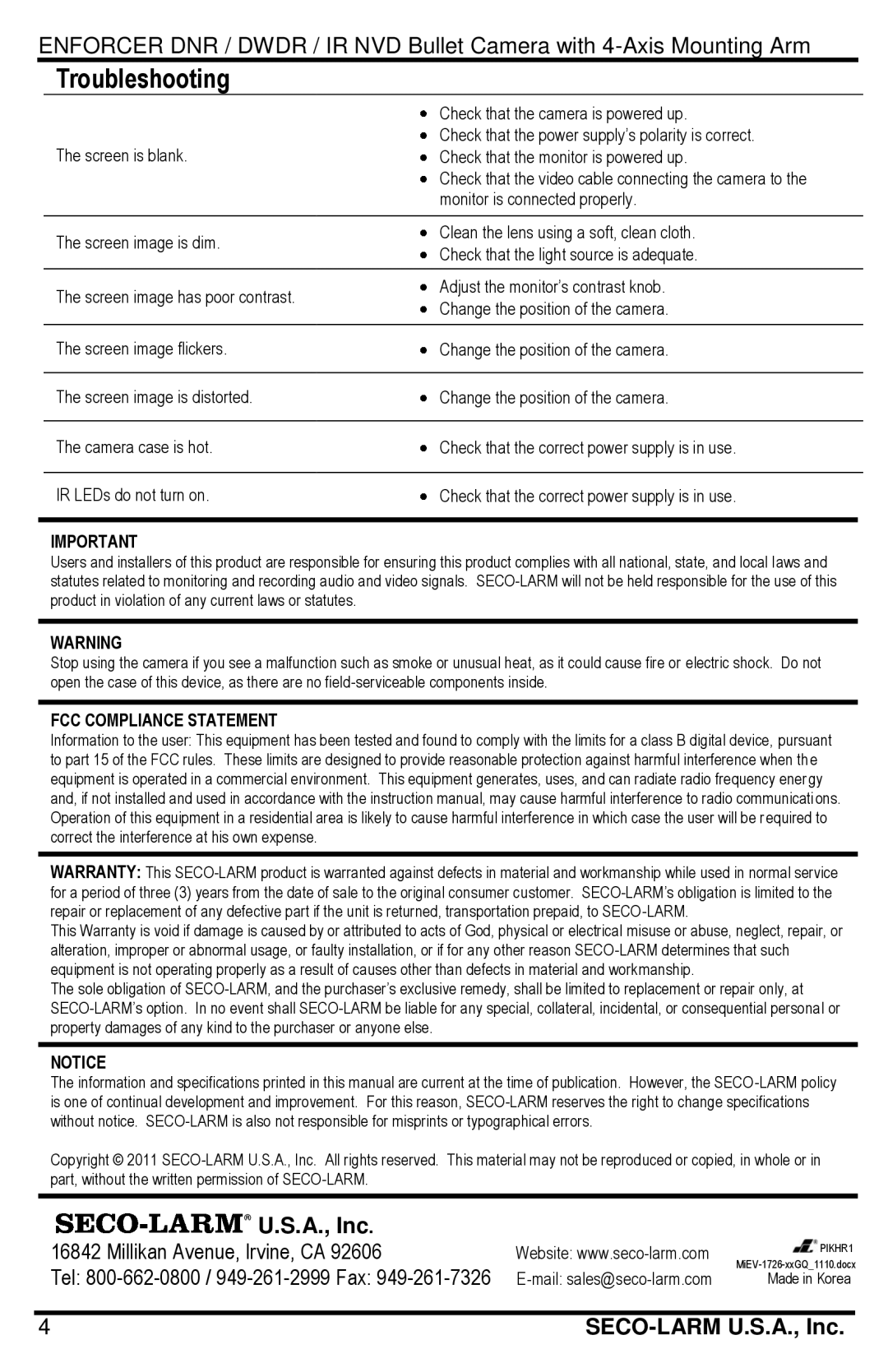 SECO-LARM USA EV-1726-PKGQ, EV-1726-PWGQ, EV-1726-NWGQ, EV-1726-NKGQ Troubleshooting, FCC Compliance Statement 